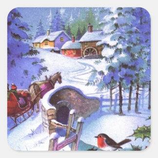 Vintage Winter Christmas Scene Square Sticker