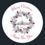 Vintage Winter Church Scene with Christmas Wreath Classic Round Sticker<br><div class="desc">Stickers with a digital image of a painted illustration of a red church and steeple. A bright Christmas star shining overhead. Families out in front arriving for a church service. Winter snow covers the ground and rests on cute bushy pine trees. A red and grey Christmas wreath surrounds the image....</div>