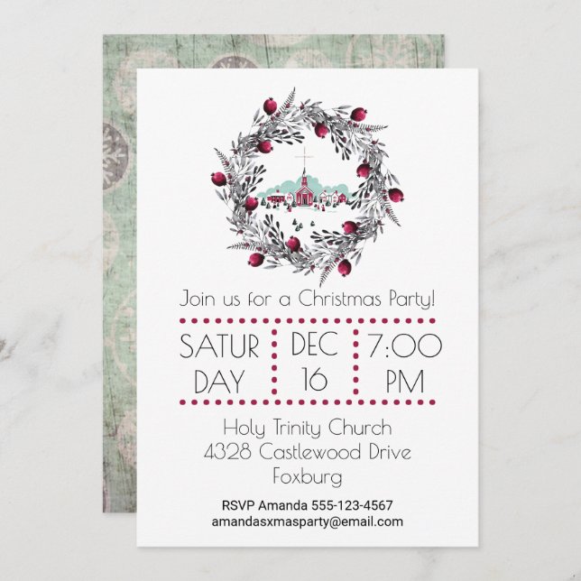 Vintage Winter Church Scene with Christmas Wreath Invitation (Front/Back)