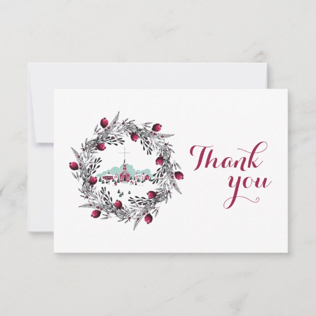 Vintage Winter Church Scene with Christmas Wreath Invitation (Front)