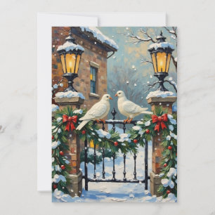 Vintage Winter Doves at Lantern-Lit Gate Christmas Holiday Card