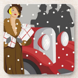 Vintage Winter Fashion Illustration Elegant 1920s Coaster