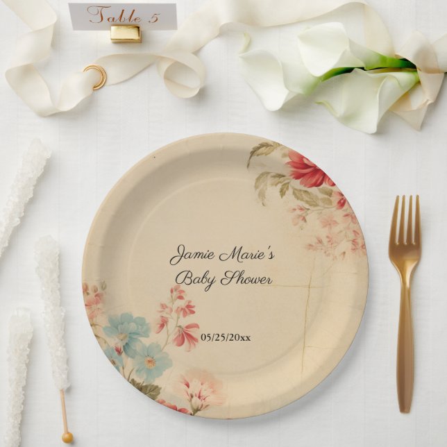 Vintage Winter Floral Baby Shower Paper Plate (Wedding)