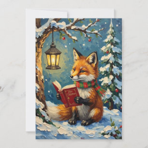 Vintage Winter Fox Reading by Lantern Light Holiday Card