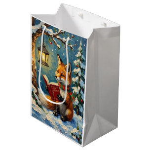 Vintage Winter Fox Reading by Lantern Light Medium Gift Bag