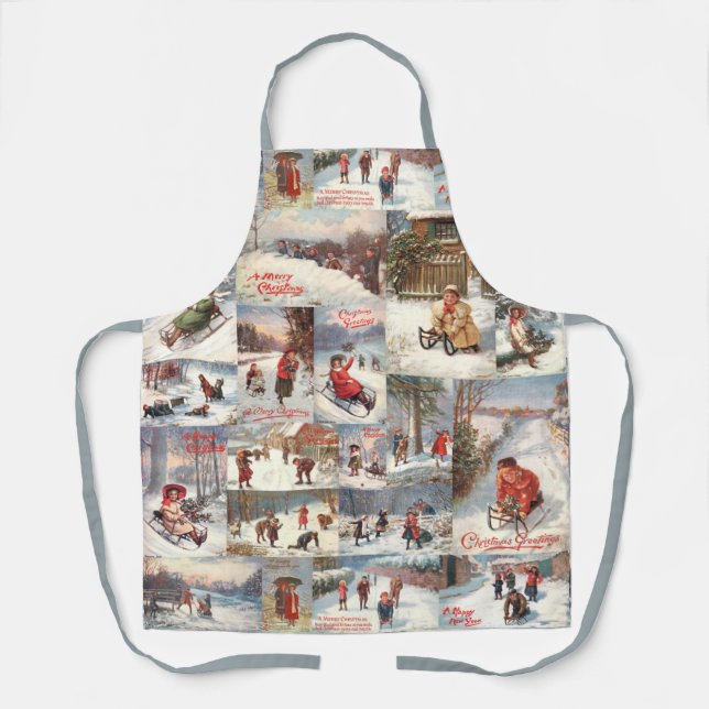 Vintage Winter Fun Christmas Collage Apron (Front)