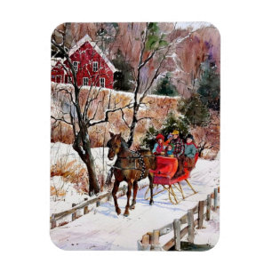 Vintage Winter Horse and Sleigh In Snow Magnet