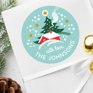 Vintage Winter House Christmas Custom Name Aqua Classic Round Sticker