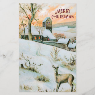 Vintage winter landscape with deer Christmas card