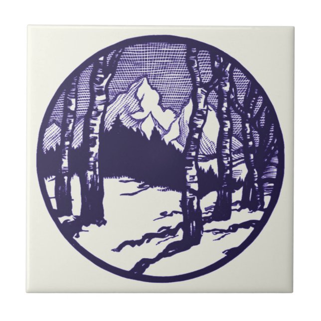 Vintage Winter Mountain Scene Etching Tile (Front)
