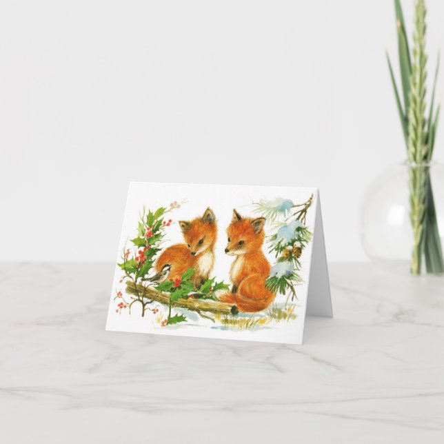 Vintage Winter Red Fox Christmas Card (Front)