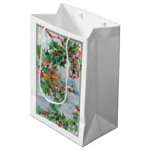 Vintage Winter Rural Village and Christmas Holly Medium Gift Bag