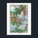 Vintage Winter Rural Village and Christmas Holly Postcard<br><div class="desc">Charming rural winter scene featuring snow-covered cottages,  mountains and trees in light grey border and festive holly tied with red ribbon. Back features specially designed complementary graphics with editable text fields.</div>
