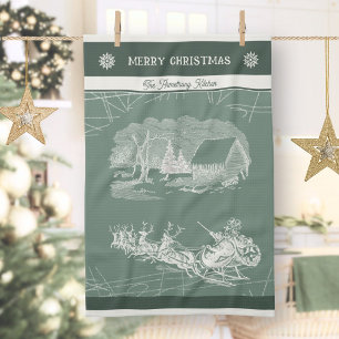 Vintage Winter Sage Green Santa Sleigh Christmas Tea Towel