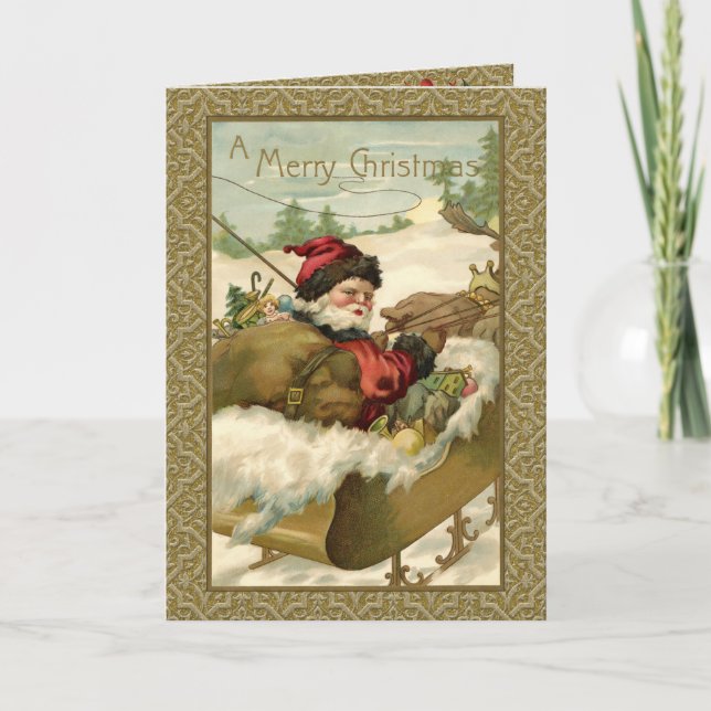 Vintage Winter Santa in Golden Sleigh Holiday Card (Front)