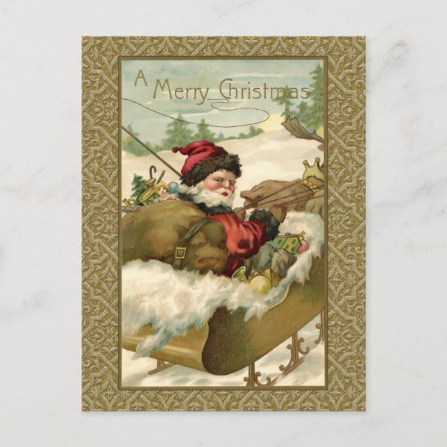 Vintage Winter Santa in Golden Sleigh Holiday Postcard (Front)