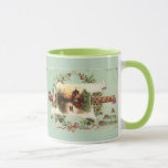 Vintage Winter Scene and Christmas Greeting Mug<br><div class="desc">Beautiful rustic winter scene at sunset on antique banner surrounded by holly,  ribbon and illuminated greeting on light teal background.</div>