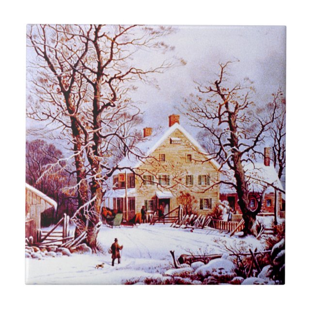 Vintage Winter Scene. Christmas Gift Tile (Front)