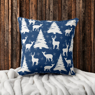 Vintage Winter Scene with Deer on Navy Background Cushion