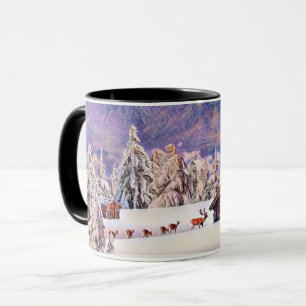 Vintage Winter Scenery Reindeer Log Cabin Painting Mug