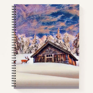 Vintage Winter Scenery Reindeer Log Cabin Painting Notebook