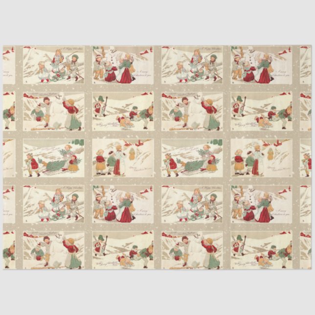 Vintage Winter Scenes with Joyful Children Tissue Paper (Front)