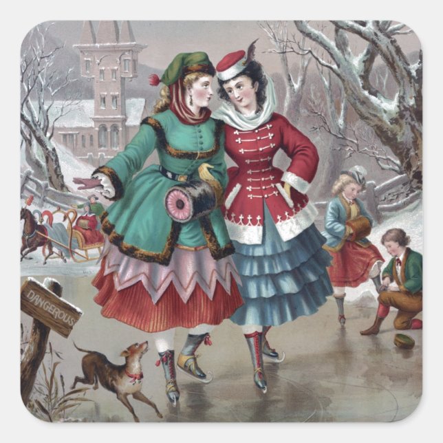 Vintage Winter Skating Scene Square Sticker (Front)
