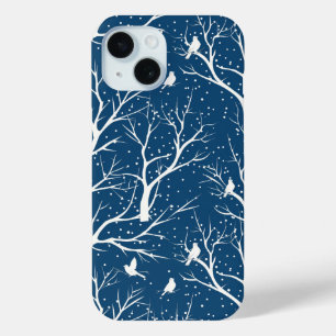 Vintage Winter Sky White Birds Snowflakes iPhone 15 Case
