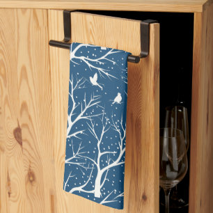 Vintage Winter Sky White Birds Snowflakes Tea Towel