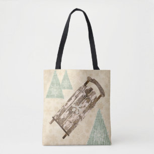 Vintage winter sled snowflakes trees rustic tote bag