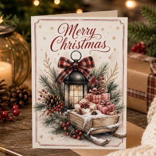 Vintage Winter Sleigh Red Plaid Christmas Holiday Card