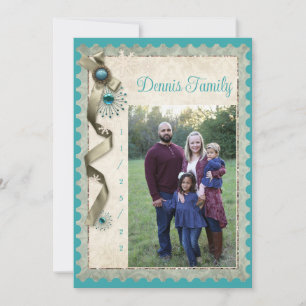 Vintage Winter snowflake ribbon and damask photo Holiday Card