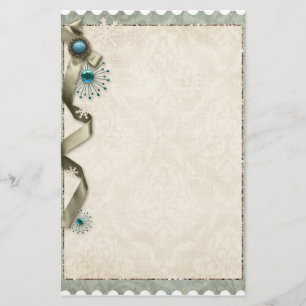 Vintage Winter snowflake ribbon damask teal cream Stationery
