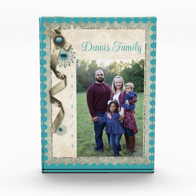 Vintage Winter snowflake ribbon damask teal Photo Block (Front)