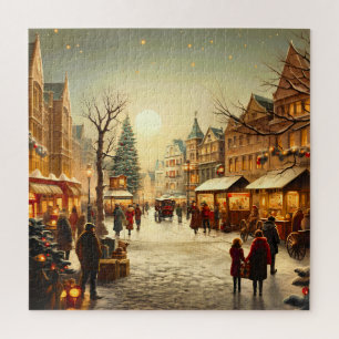 Vintage Winter Snowy Christmas Market Town Jigsaw Puzzle