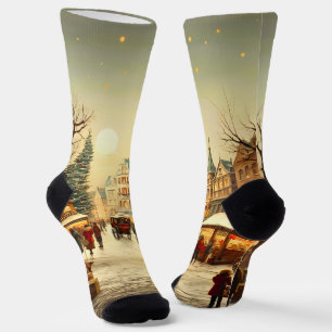 Vintage Winter Snowy Christmas Market Town Socks