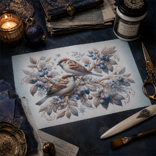 Vintage Winter Sparrows and Blueberries Decoupage Tissue Paper
