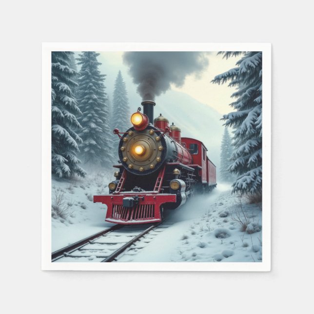 Vintage Winter Steam Locomotive Napkin (Front)