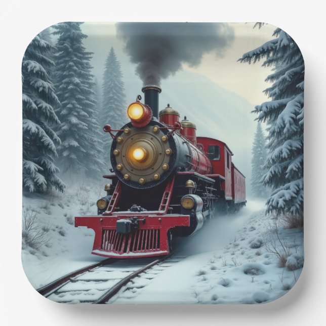 Vintage Winter Steam Locomotive Paper Plate (Front)