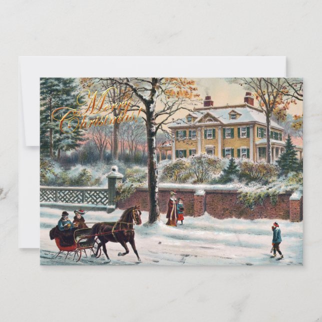 Vintage Winter Street Merry Christmas Holiday Card (Front)