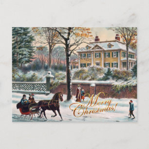Vintage Winter Street Merry Christmas Holiday Postcard