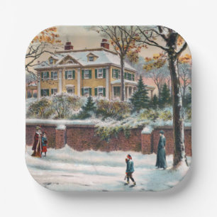 Vintage Winter Street Merry Christmas Paper Plate