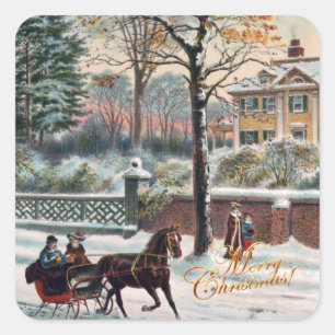 Vintage Winter Street Merry Christmas Square Sticker