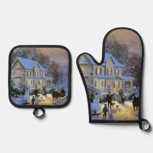 Vintage Winter Town Christmas tree Oven Mitt & Pot Holder Set
