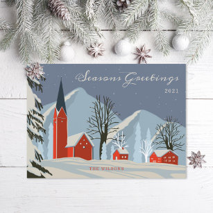 Vintage Winter Village Ice Blue  Red Non-Photo Holiday Card