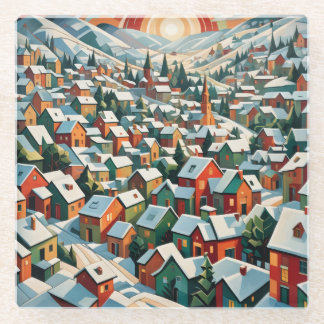 vintage winter village in the snow glass coaster
