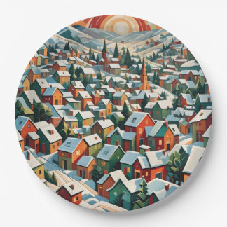 vintage winter village in the snow paper plate
