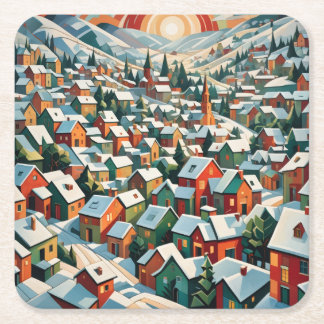 vintage winter village in the snow square paper coaster