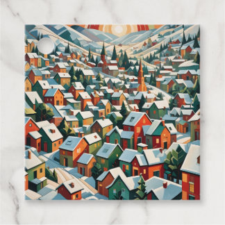 vintage winter village under snow favour tags