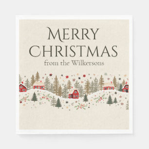 Vintage Winter Village Xmas Folk Art Custom Name Napkin